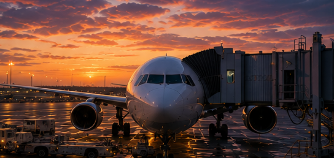 Airliner at the gate at sunset