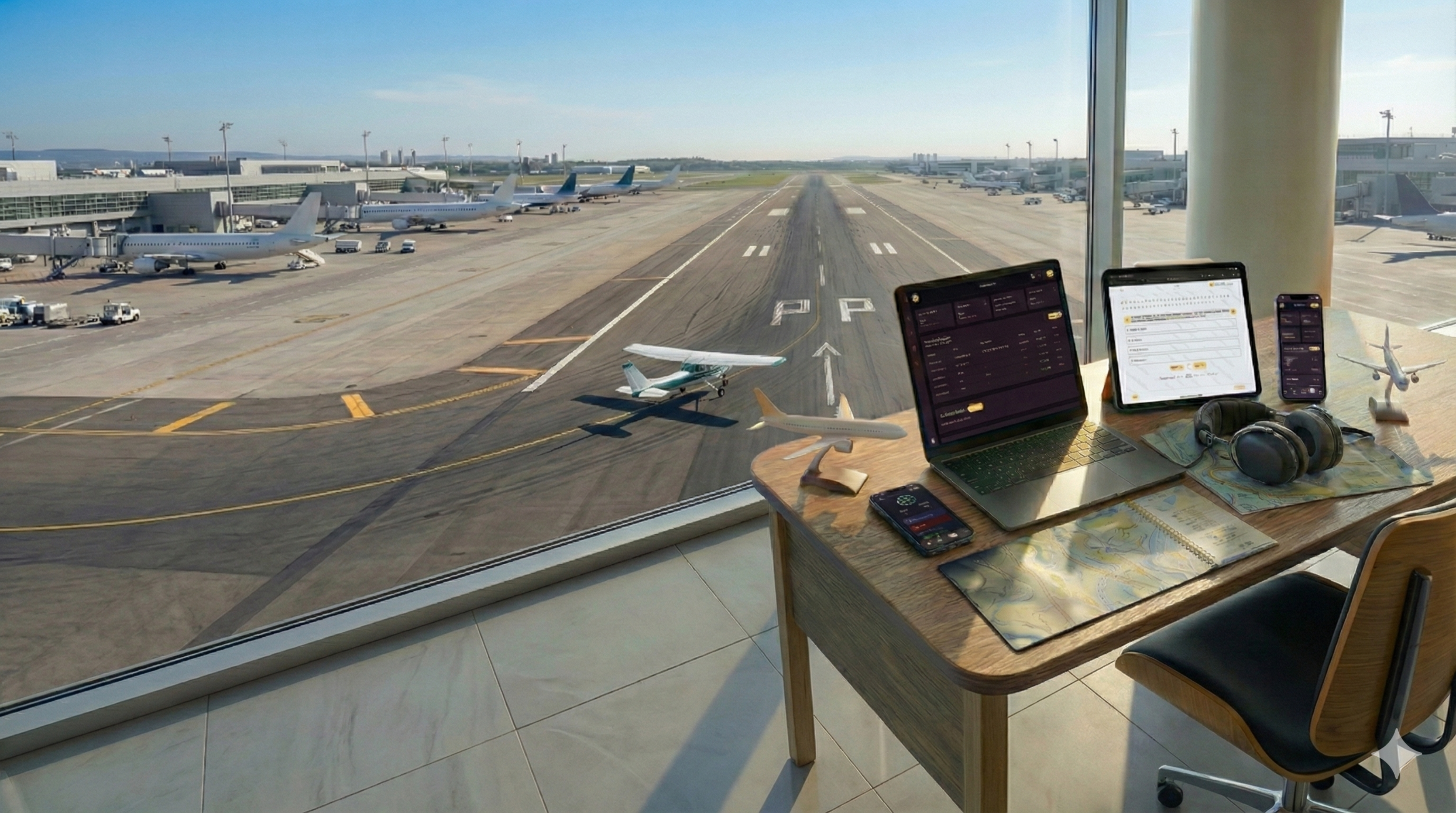Runway view from an airport tower with study setup