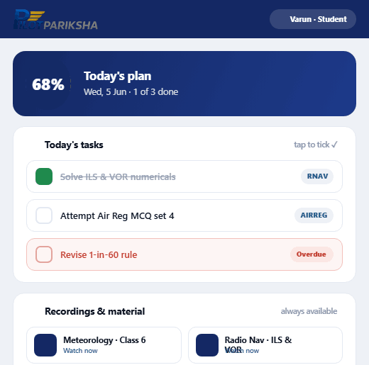Your student dashboard — today's tasks and recordings